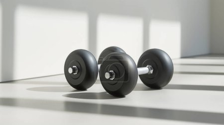 Two black dumbbells with metallic handles resting on a light-colored floor, casting shadows in a brightly lit room.
