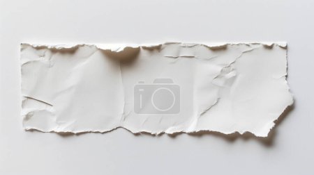 A torn piece of white paper with rough edges and creases is placed on a clean white background, creating a minimalist and textured visual.