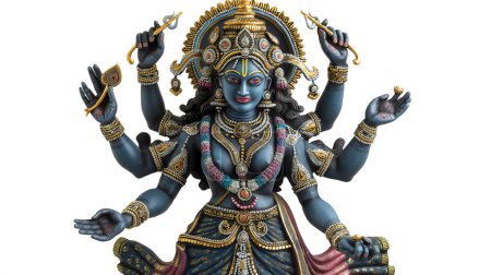 A detailed statue of a multi-armed Hindu goddess adorned with intricate jewelry and traditional garments, symbolizing power, protection, and divine femininity.