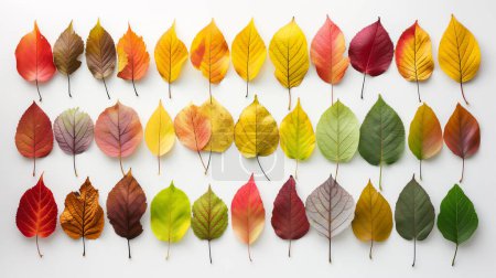 Thirty-six autumn leaves arranged in rows, showcasing a gradient of colors from green to yellow, orange, red, and brown, highlighting seasonal transition.