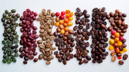 A variety of coffee beans in different colors and roast levels arranged in rows, showcasing a spectrum from green to dark brown on a white background.