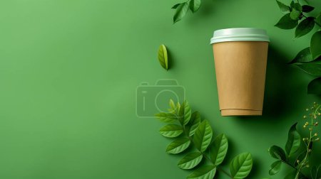 A brown paper coffee cup with a green lid surrounded by green leaves on a matching green background, emphasizing eco-friendly and sustainable themes.