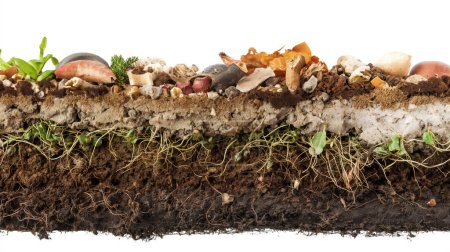 Cross-section of soil layers showing roots, organic matter, and small plants on top.