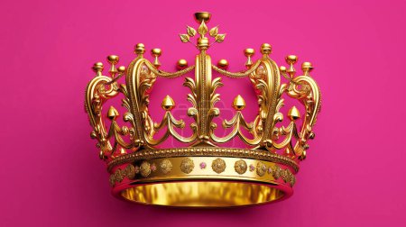 Ornate golden crown with intricate details set against a vibrant pink background, symbolizing royalty, luxury, and elegance.