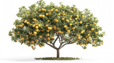 A lush orange tree laden with ripe, vibrant oranges stands alone against a white background, highlighting its abundant fruit and green foliage.