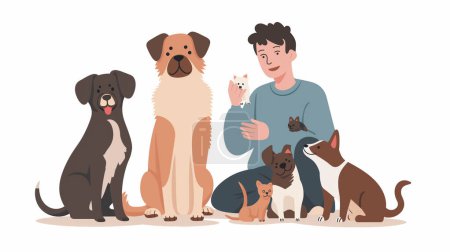A person is surrounded by various dogs and cats, sitting and holding a small kitten, illustrating a loving and happy bond with multiple pets.