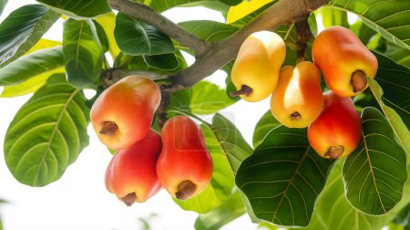 Bright red and yellow cashew fruits hang from a tree with lush green leaves, illuminated by sunlight, showcasing their vibrant colors and smooth textures.