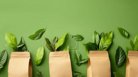 Photo for Brown paper bags filled with vibrant green leaves on a matching green background, showcasing a natural and eco-friendly theme. - Royalty Free Image