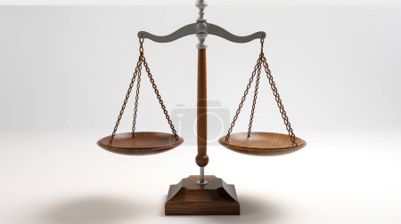 A balanced wooden scale with chains, symbolizing justice, fairness, and equality, set against a plain, light background.