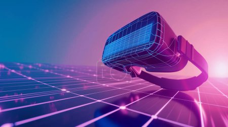 Téléchargez les photos : A VR headset with a grid pattern is placed on a reflective surface, illuminated by blue and pink neon lights, evoking a futuristic and immersive technology theme. - en image libre de droit