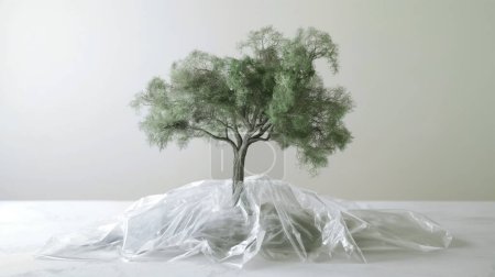 A small tree with sparse leaves stands on a white surface, partially wrapped in a transparent plastic sheet, creating a minimalistic and thought-provoking scene.
