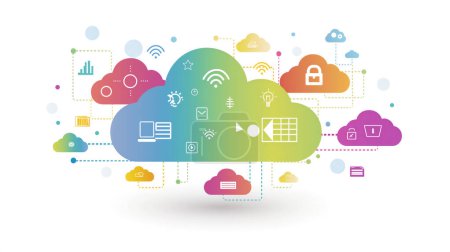 Colorful cloud network illustration with icons representing various cloud computing services like data storage, security, analytics, and communication.