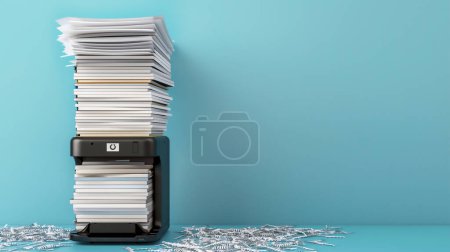 Tall stack of paper on a black shredder against a blue background, with shredded paper pieces scattered around on the floor.
