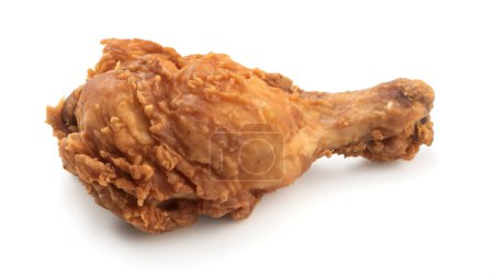 A single crispy fried chicken drumstick with a golden-brown, crunchy coating, isolated on a white background.
