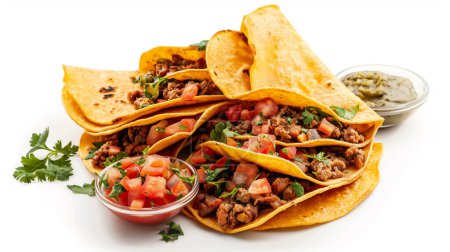 Weiche Tacos gefüllt mit Hackfleisch, Tomatenwürfeln und Koriander, serviert mit Schalen mit Salsa und Guacamole auf der Seite.