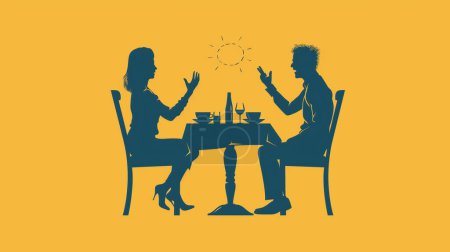 Silhouette eines Mannes und einer Frau bei einem lebhaften Gespräch an einem Esstisch mit Getränken und Essen vor gelbem Hintergrund, das die soziale Interaktion unterstreicht.