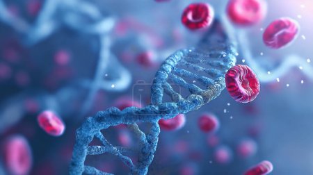 Una representación 3D detallada de una doble hélice de ADN con glóbulos rojos flotantes, destacando la investigación genética y biológica en un vibrante esquema de color azul y rojo.
