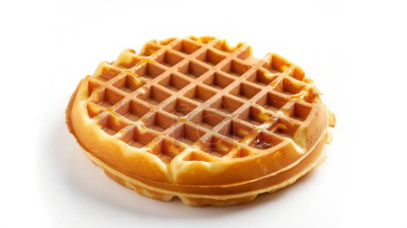 A single round waffle with syrup drizzled on top, showcasing its golden, crispy texture on a white background.