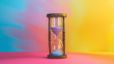 A classic hourglass with blue and purple sand, set against a vibrant gradient background of blue, pink, and yellow.