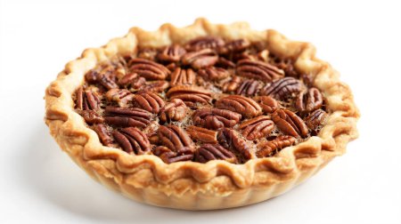 Close-up of a pecan pie with a golden crust, highlighting the rich, nutty filling.