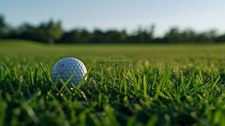 A golf ball nestled in green grass on a golf course.