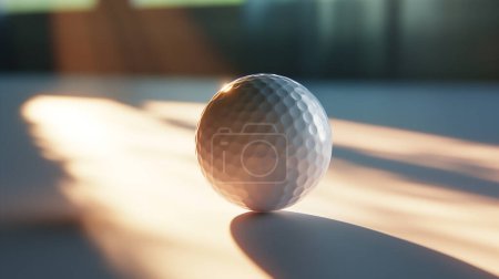 Una pelota de golf con hoyuelos en una superficie con iluminación dramática y sombras.