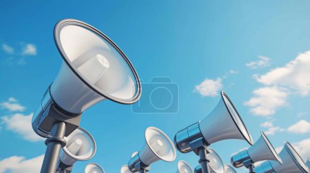 Array of megaphones facing upward against a bright blue sky with scattered clouds, symbolizing communication and announcements.