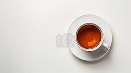 Une tasse de thé dans une tasse blanche et une soucoupe sur fond blanc, représentant simplicité et calme.