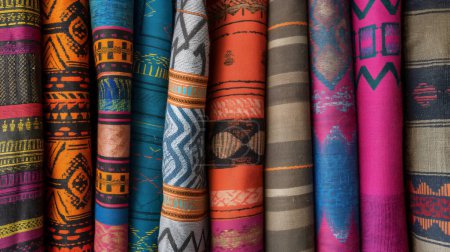 Eine bunte Auswahl an gemusterten Stoffen in verschiedenen Designs und Texturen, die eine reiche kulturelle Vielfalt zeigen.