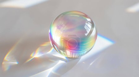 A clear, reflective glass sphere displaying a spectrum of colors in natural light.