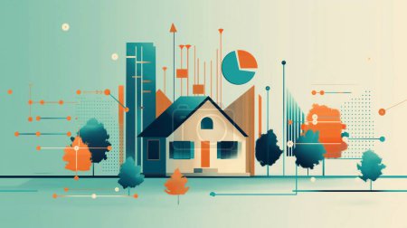 Abstract illustration of a house with trees and graphs on a teal background.