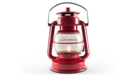 A vintage red lantern with a lit candle inside, featuring a metal handle and glass enclosure, against a white background.