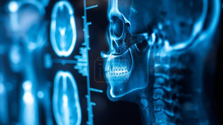 Röntgenbild eines menschlichen Schädels und Gehirns, das detaillierte medizinische Bilder mit blauer Tönung zeigt.