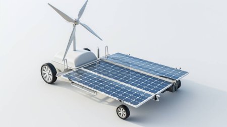 Innovatives Fahrzeug mit Sonnenkollektoren und Windturbine für eine nachhaltige Energienutzung.