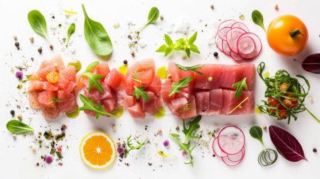 Sliced fresh tuna arranged with arugula, radish, cherry tomatoes, and orange slices, garnished with herbs and spices on a white background.