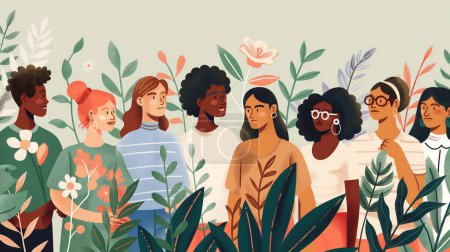 Ilustración de un grupo diverso de personas de pie junto con una exuberante vegetación en el fondo, simbolizando la unidad y la comunidad.