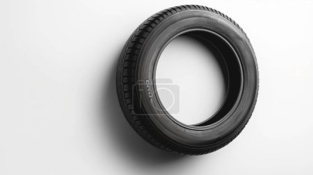 Ein einzelner schwarzer Reifen an einer weißen Wand, der sein Laufflächenmuster und seine Struktur vor einem minimalistischen Hintergrund zur Geltung bringt.