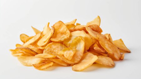 Pile of crispy golden potato chips against a white background, showcasing their texture and color.