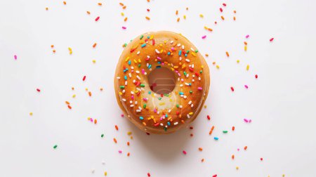 Sprinkled donut with colorful toppings, placed on a white background with scattered sprinkles.