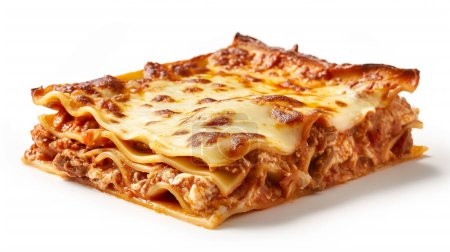 A close-up of a slice of lasagna with layers of pasta, meat sauce, and melted cheese, highlighting its rich and savory texture.