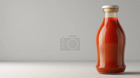 Una botella de ketchup con un diseño minimalista, con una sencilla botella de vidrio llena de rica salsa roja sobre un fondo liso.