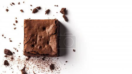 A square chocolate brownie with a cracked top, surrounded by scattered crumbs, showcasing its rich, fudgy texture.