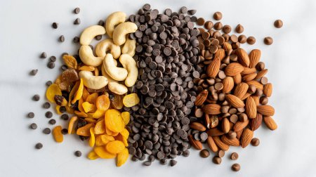 Assortment of dried fruits, nuts, and chocolate chips in neat rows on a white background.