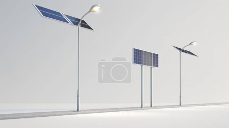 Téléchargez les photos : Des lampadaires et panneaux solaires bordent une rue vide et minimaliste, symbolisant une énergie propre et un design urbain moderne. - en image libre de droit