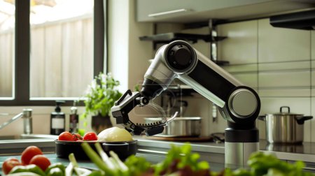 Robotic arm in a kitchen preparing food, showcasing advanced technology in home automation and smart cooking