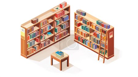 Illustration einer Bibliothek mit Bücherregalen, Büchern und einem Tisch.
