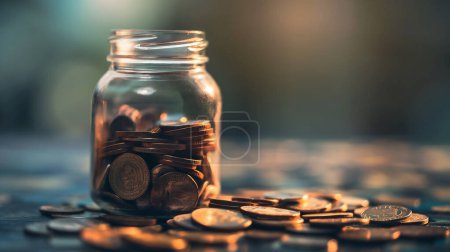 Un frasco de vidrio lleno de monedas, rodeado de monedas dispersas en una mesa, que simboliza el ahorro y la planificación financiera.