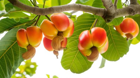 Close-up of vibrant cashew apples with nuts hanging from a tree branch, surrounded by lush green leaves.
