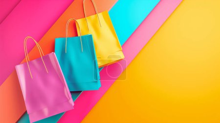 Trois sacs shopping vibrants en rose, bleu et jaune sur fond rayé multicolore, évoquant une expérience shopping amusante et énergique.