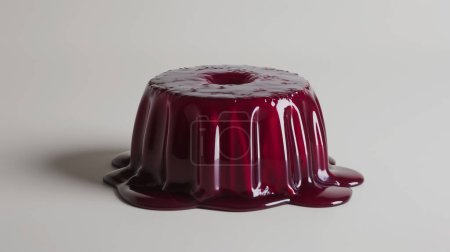 Un postre de gelatina roja brillante en un molde de anillo, ligeramente derretido y creando una superficie reflectante sobre un fondo liso.